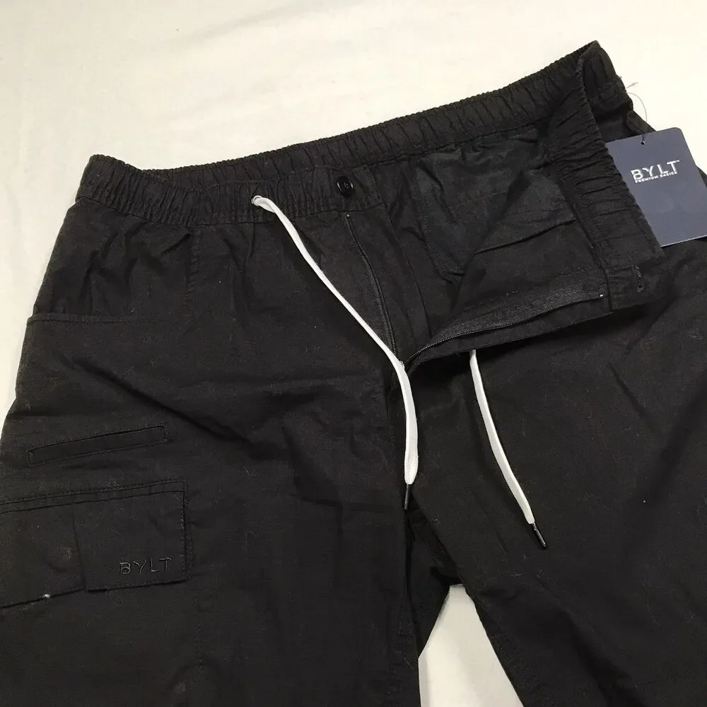 NWT BYLT Cargo Shorts Men 2XL XXL 36W Black Rip Stop Drawstring Zip Fly